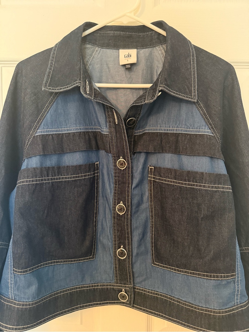 CAbi Composition Two-Tone Lightweight Denim Jacket - Dark & Medium Blue - L  NWT